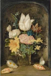 A Still Life With A Tulip, Roses
And Other Flowers In A Glass Vase, Together With Two Butterflies And
Three Shells, In A Stone Niche by Ambrosius the Younger Bosschaert