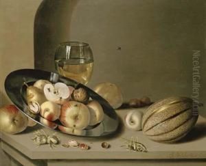 Apples, Pears, Peaches And Walnuts On A Pewter Plate With Fruit