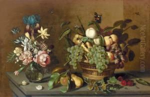 Stillleben Mit Fruchtkorb Und Blumenvase. by Ambrosius the Younger Bosschaert