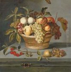 Grapes With A Pear, An Apricot,
Apples And Plums In A Wicker Basketwith A Sprig Of Cherries by Ambrosius the Younger Bosschaert