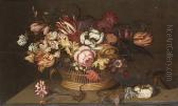 Tulips, An Iris, Narcissi, A
Peony And Other Flowers In A Basket With A Carnation, A Rose And A
Lizard On A Table-top - view 1