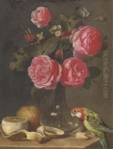 Roses In A Glass Vase, A Partly-peeled Lemon And A Parrot On Aledge by Ambrosius the Younger Bosschaert