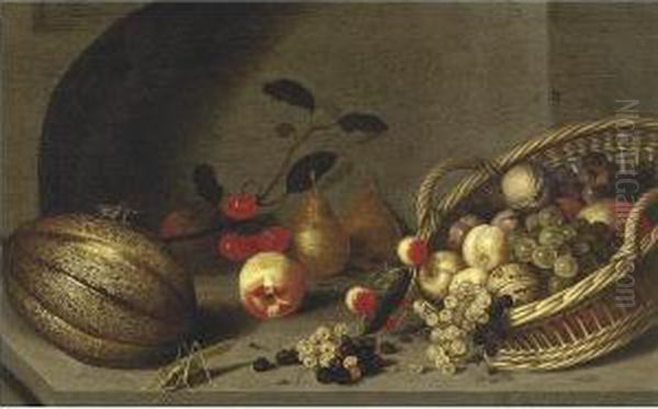 Still Life Of Fruit In A Basket 
And Cherries, Pears, Peaches And A Melon, All Resting On A Ledge - view 1