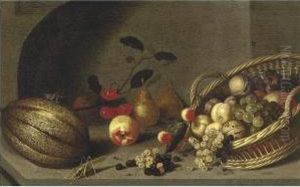 Still Life Of Fruit In A Basket
And Cherries, Pears, Peaches And A Melon, All Resting On A Ledge by Ambrosius the Younger Bosschaert