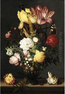 A Tulip, A Yellow Iris, A Sprig
Of Moss Rose, A Snake's Head Fritillery, Roses, Peonies, Forget-me-not,
Lily-of-the-valley And Other Blooms In A Bronze Vase With Gilt Mounts,
On A Ledge Flanked With A Shell And A Marigold by Ambrosius the Younger Bosschaert