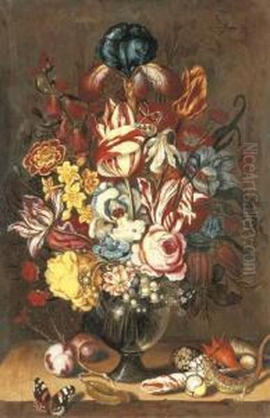 Tulips, Peonies, Narcissi And 
Other Flowers In A Glass Vase With Plums, Seashells, A Butterfly And A 
Lizard On A Ledge - view 1