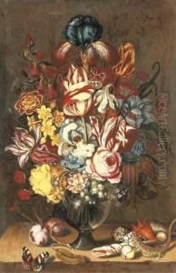 Tulips, Peonies, Narcissi And 
Other Flowers In A Glass Vase With Plums, Seashells, A Butterfly And A 
Lizard On A Ledge