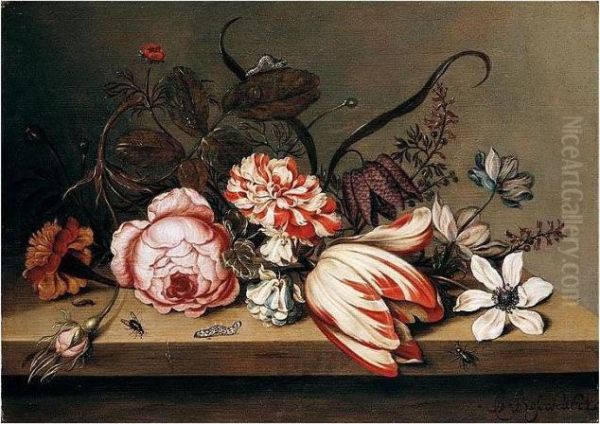 A Still Life Of A Rose, Tulip,
Marigold, Columbine And Anemone, With Caterpillars And Flies On A Table
Top - view 1