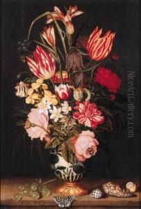 Flowers In A Chinese Porcelain Vase, With Grapes, Shells And Abutterfly On A Stone Ledge by Ambrosius the Younger Bosschaert
