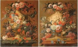 Natures Mortes Aux Fleurs Sur Un Entablement Avec Vases Et Amours En Grisaille