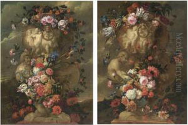 A Pair Of Still Lifes Of
Elaborate Sculpted Urns Decorated With Carnations, Parrot Tulips,
Irises, Morning Glory And Other Flowers - view 1