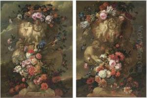 A Pair Of Still Lifes Of 
Elaborate Sculpted Urns Decorated With Carnations, Parrot Tulips, 
Irises, Morning Glory And Other Flowers