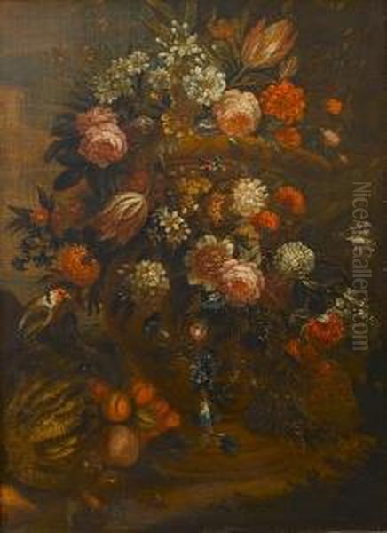 A Still Life Of Roses, Tulips,
Carnations, Narcissi And Other Flowers In A Stone Urn With A Melon,
Peaches, Pear, Pomegranate, A Butterfly, A Snail And A Goldfinch - view 1