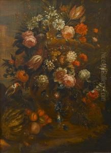 A Still Life Of Roses, Tulips, 
Carnations, Narcissi And Other Flowers In A Stone Urn With A Melon, 
Peaches, Pear, Pomegranate, A Butterfly, A Snail And A Goldfinch