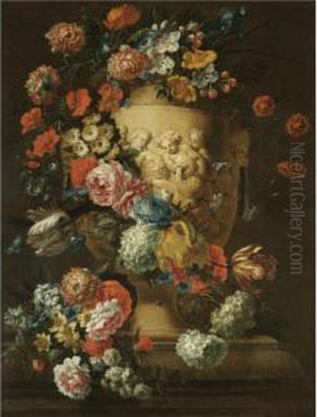 A Still Life With A Sculpted Urn
Depicting Carousing Putti, Decorated With A Garland Of Flowers - view 1