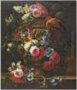 Un Bouquet De Fleur Dans Une Urne Posee Sur Un Entablement by Jan-baptist Bosschaert