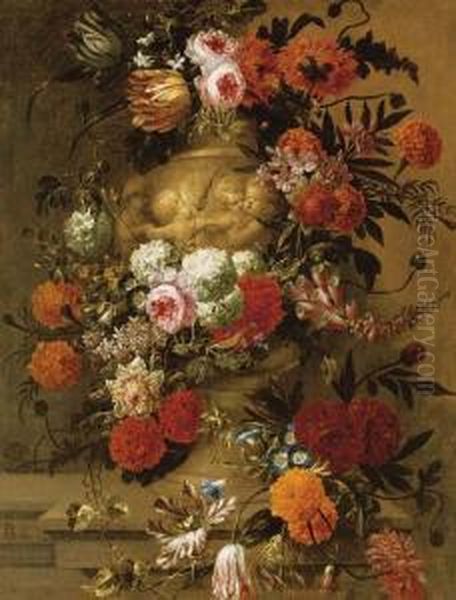 Flowers In A Terracotta Vase On A Stone Ledge - view 1
