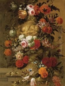 Flowers In A Terracotta Vase On A Stone Ledge by Jan-baptist Bosschaert