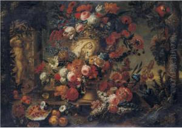 Still Life Of Flowers In A 
Sculpted Vase Resting On A Stone Ledge With Fruit, A Parrot And A 
Fountain With A Putto And Dolphin, In A Landscape - view 1
