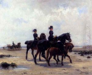 Promenade Equestre Sur La Plage by Auguste-Sebastien Benard