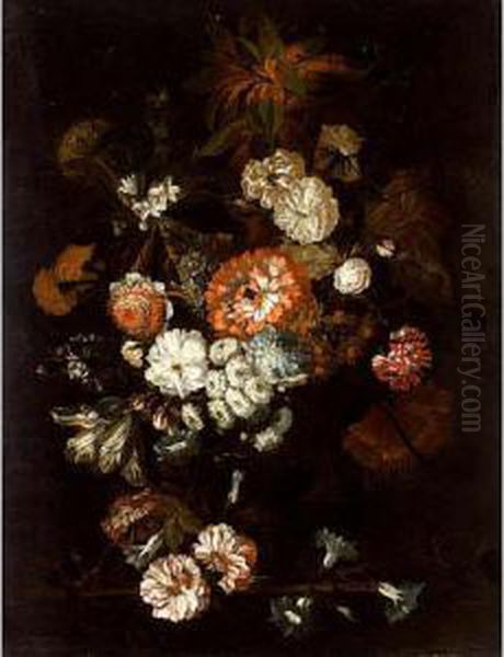 A Still Life Of Roses,
Carnations, Anemonies And Other Flowers, All In A Vase On A Wooden Ledge - view 1