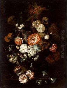 A Still Life Of Roses,
Carnations, Anemonies And Other Flowers, All In A Vase On A Wooden Ledge by Jan-baptist Bosschaert