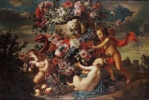 Putti Decorating A Carved Stone Urn With Flowers In A Landscape