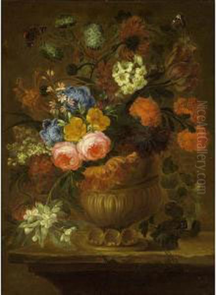 A Still Life With Cabbage Roses,
 Peonies, An Opium Poppy, Tulips, Snow Balls, Marigold And Other Flowers
 In A Sculpted Vase On A Wooden Table, Together With A Painted Lady, A 
Red Admiral And Another Butterfly - view 1