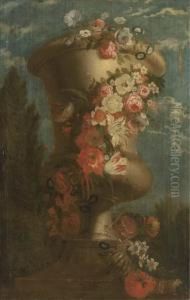 Roses, Carnations, Tulips, Morning Glory And Other Flowers In Anurn by Jan-baptist Bosschaert