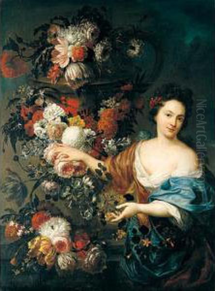 A Still Life Of Roses, 
Hyacinths, Tulips, Morning Glory, And Chrysanthemums Adorning A Stone 
Urn And Ledge, Together With A Young Woman - view 1