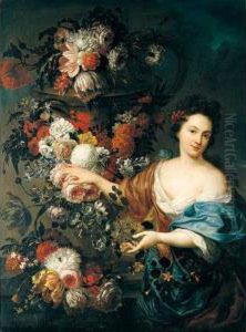A Still Life Of Roses, 
Hyacinths, Tulips, Morning Glory, And Chrysanthemums Adorning A Stone 
Urn And Ledge, Together With A Young Woman
