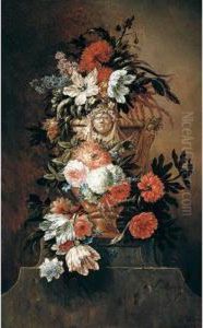 A Still Life Of Tulips,
Chrysanthemums, Roses, Poppies And Stocks In A Sculpted Stone Urn Upon A
Plinth by Jan-baptist Bosschaert