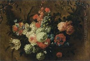 A Garland With Tulips, Roses,
Snowballs, Hyacinths, Poppy Anemones, Buttercups, And Other Flowers,
Tied With A Ribbon by Jan-baptist Bosschaert