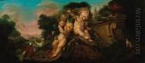 Flowers Adorning A Sculpted Relief Of Putti With Pidgeons And Otherbirds In A Landscape