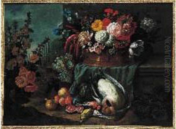 Nature Morte Au Panier De Fleurs, Fruits Et Gibier Dans Un Jardin E.t - view 1