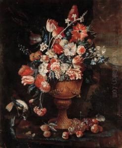 Flowers In A Gilt Urn With A Songbird And Fruit Strewn On Theground In A Landscape