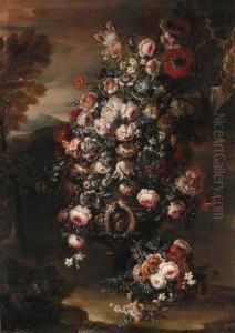 Roses, Parrot Tulips, Paeonies,
Morning Glory And Other Flowers Inan Ornamental Silver Urn In A
Landscape Roses, Parrot Tulips, Paeonies,
Morning Glory And Other Flowers Inan Ornamental Silver Urn In A
Landscape