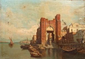 A Spanish (?) Coastal Town, With Figures Beneath A Moorish Arch by Francois Antoine Bossuet