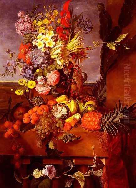 Vase De Fleurs Et Fruits Exotiques Sur Une Balustrade (Vase Of Exotic Flowers And Fruits On A Balustrade) - view 1