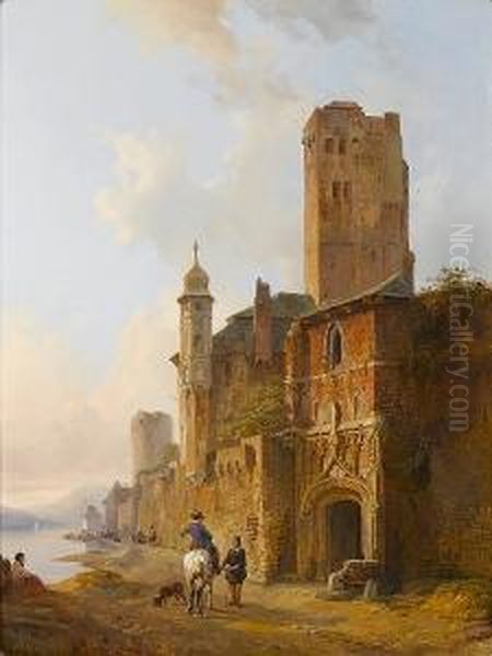 Figures Conversing By A Riverside Town - view 1