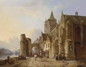 Figures In The Streets Of A Riverside Town by Francois Antoine Bossuet