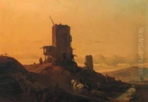 A Hill With An Arab Windmill Under Construction, A Town In Thedistance