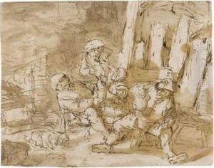 Rustic Interior With Carousing Peasants