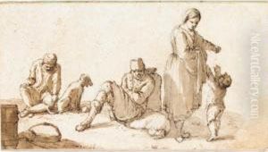 Four Peasants: Two Seated On The Ground With A Dog, And A Woman Playing With A Small Boy