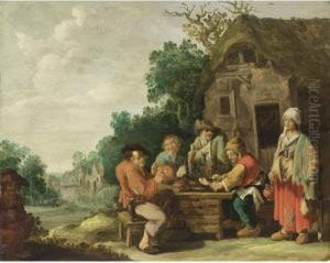Peasants Eating And Drinking In Front Of An Inn, With A Maid Serving, A Village Beyond