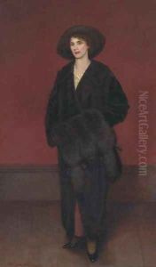Portrait of a lady, full-length, in a black coat and fur muff by Harrington Bird