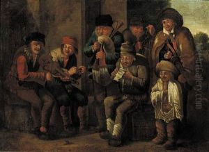 Vagabonds Music-making By A Stone Wall, A Landscape Beyond
