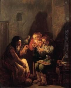 A Vanitas: An Old Man Seated On A
 Barrel Weighing Gold, An Oldpeasant And A Fortune-teller Holding A 
Candle Nearby, In Abarn