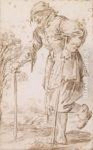A Beggar, On Crutches Walking To The Left