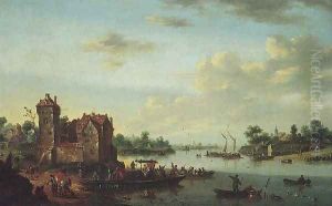 River landscape with an elegant couple in a carriage on a ferry by Johann Baptiste Bouttats